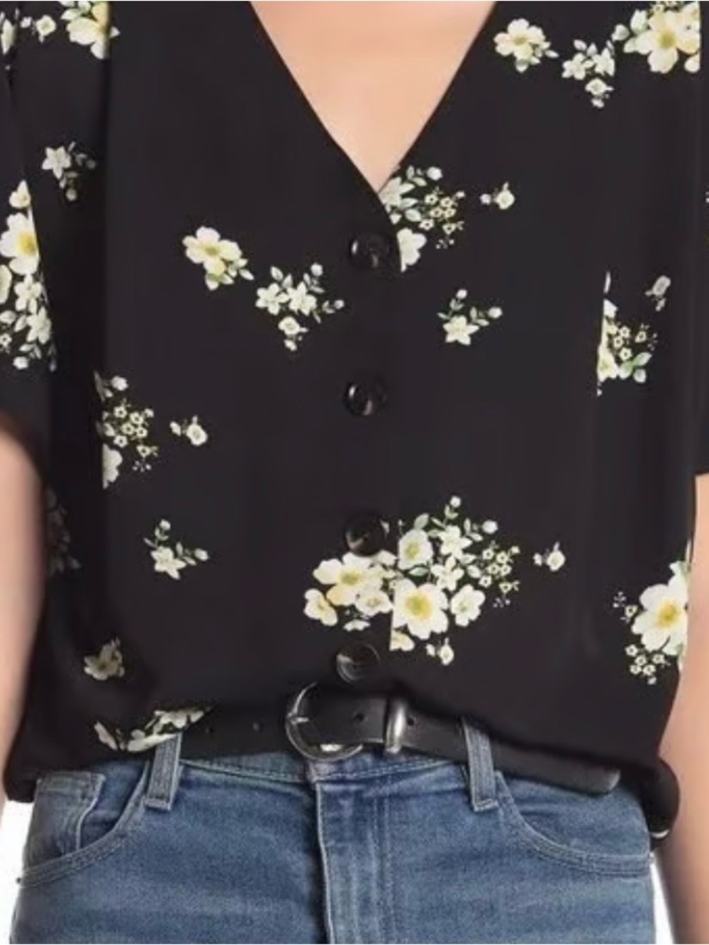 Elodie Black Floral Button-Front V-Neck Top